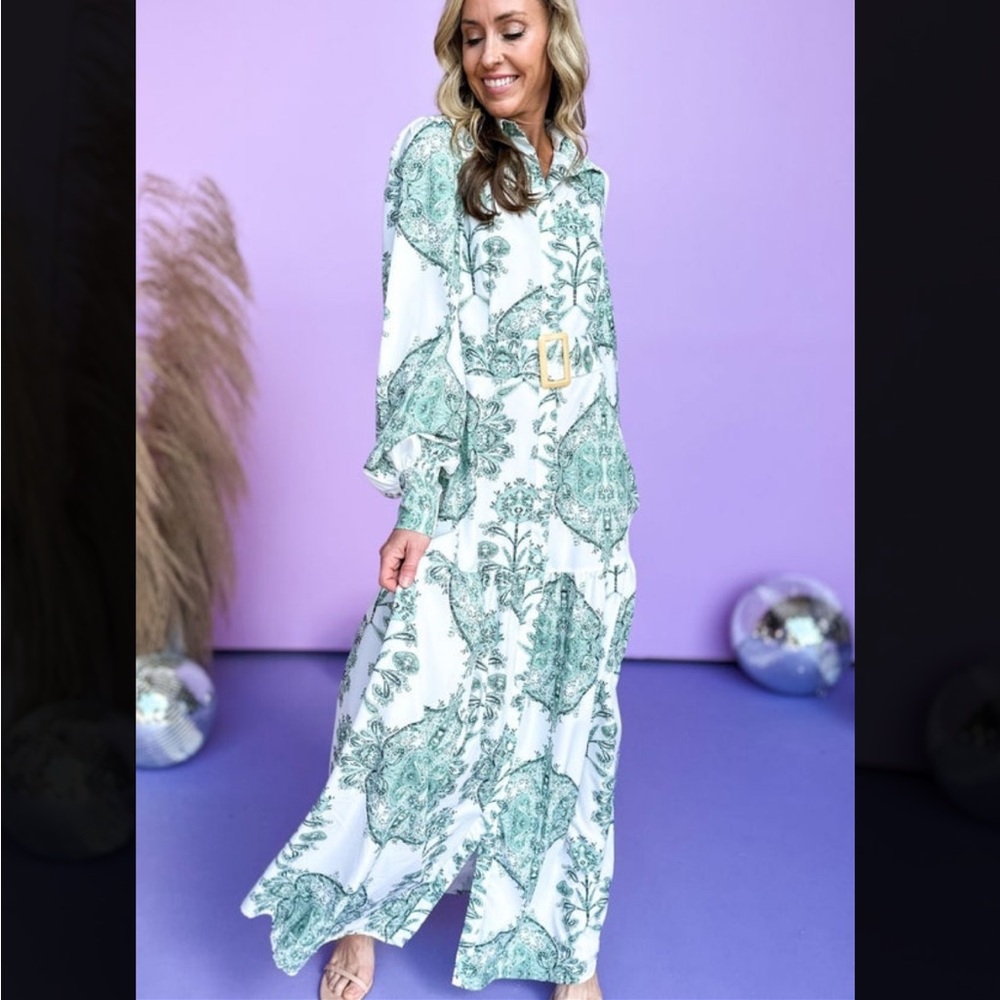 Maxi Shirt Dress with Green Paisley Print